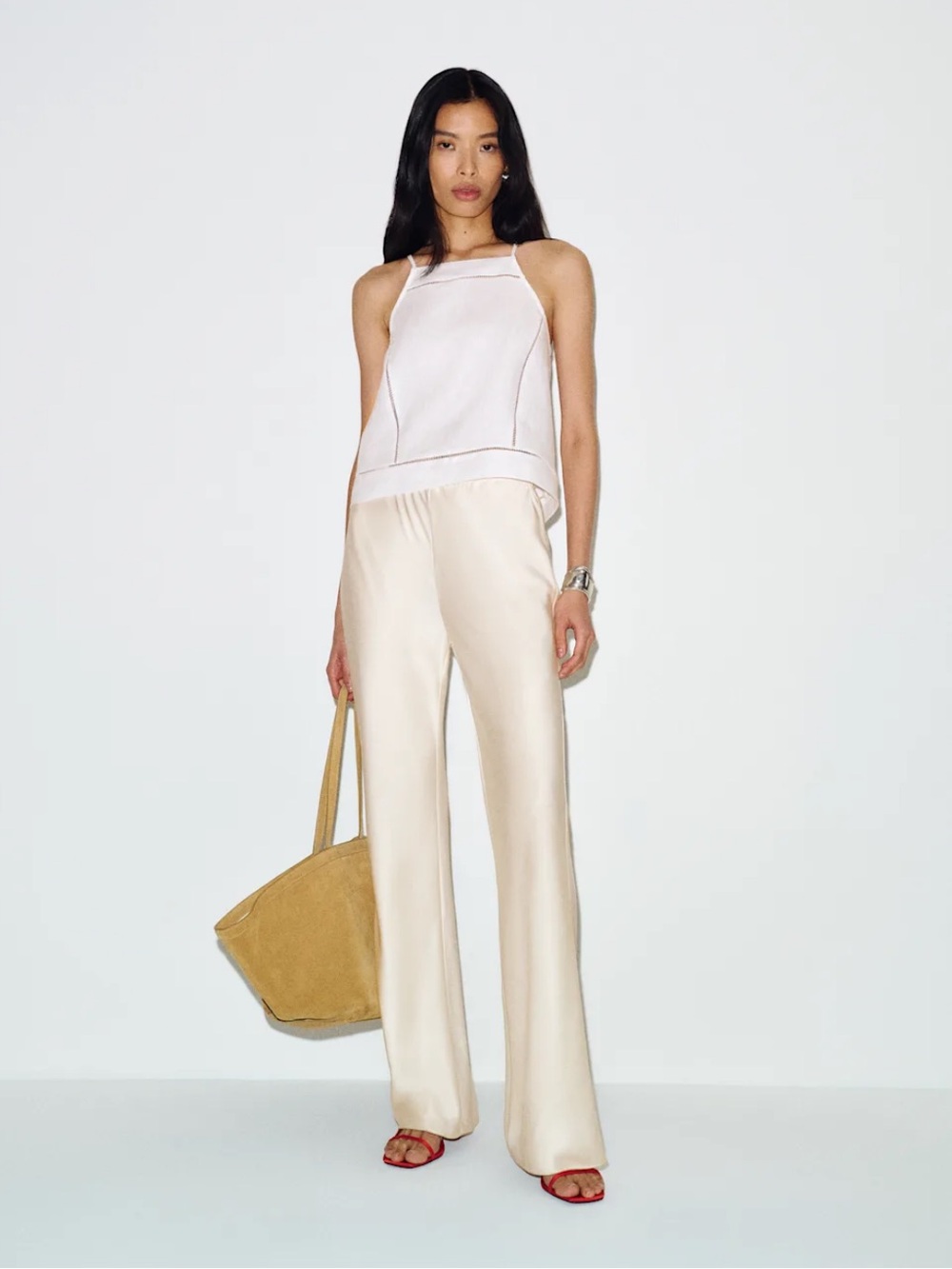 Reformation Gale Satin Mid-Rise Bias Pants in Cream